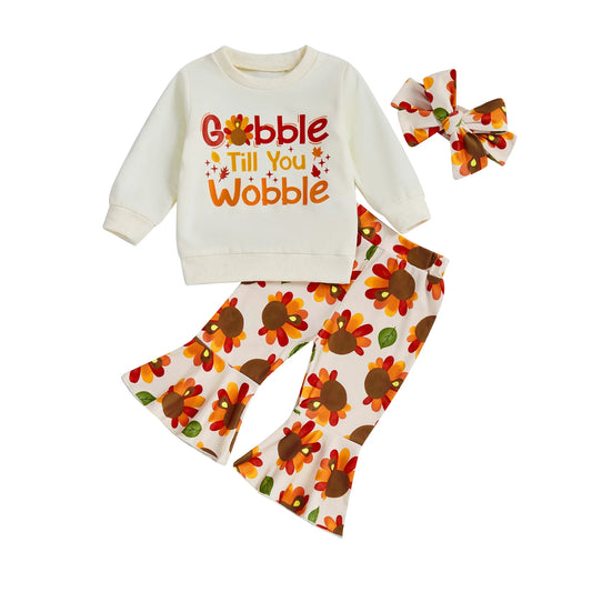 Baby Girl 2Pcs Thanksgiving Outfits Long Sleeve Turkey Print Tops + Pants
