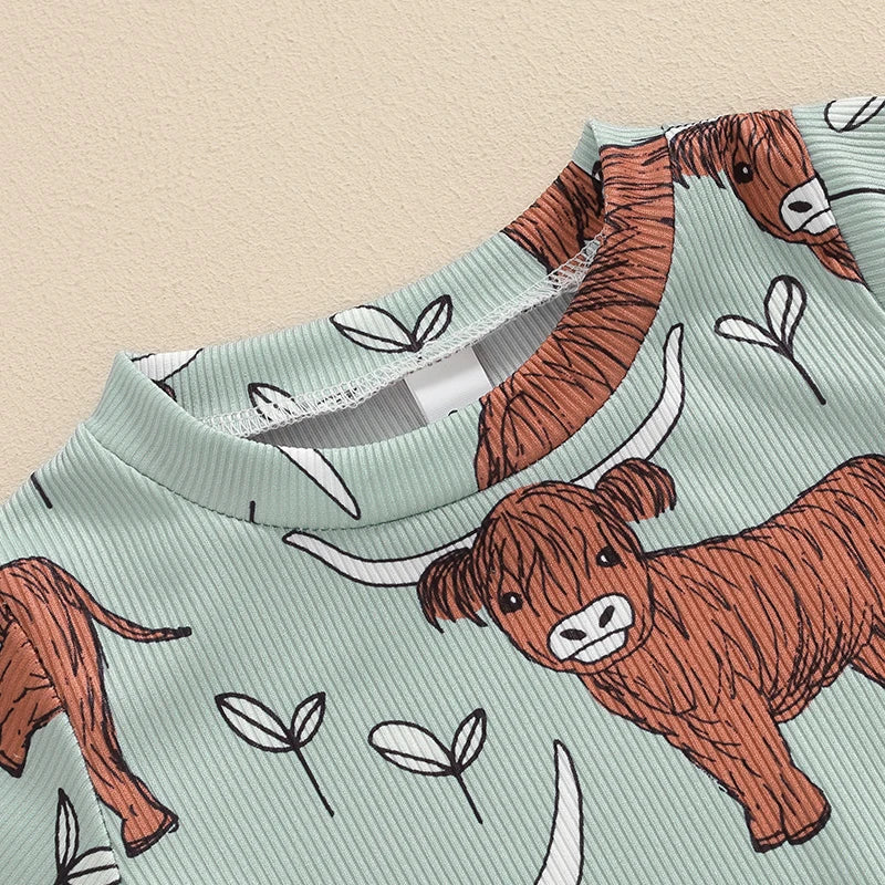 2024-03-19 Lioraitiin 0-18M Lovely Baby Boys Western Jumpsuit Short Sleeve Crew Neck Cow Head Print Summer Casual Romper