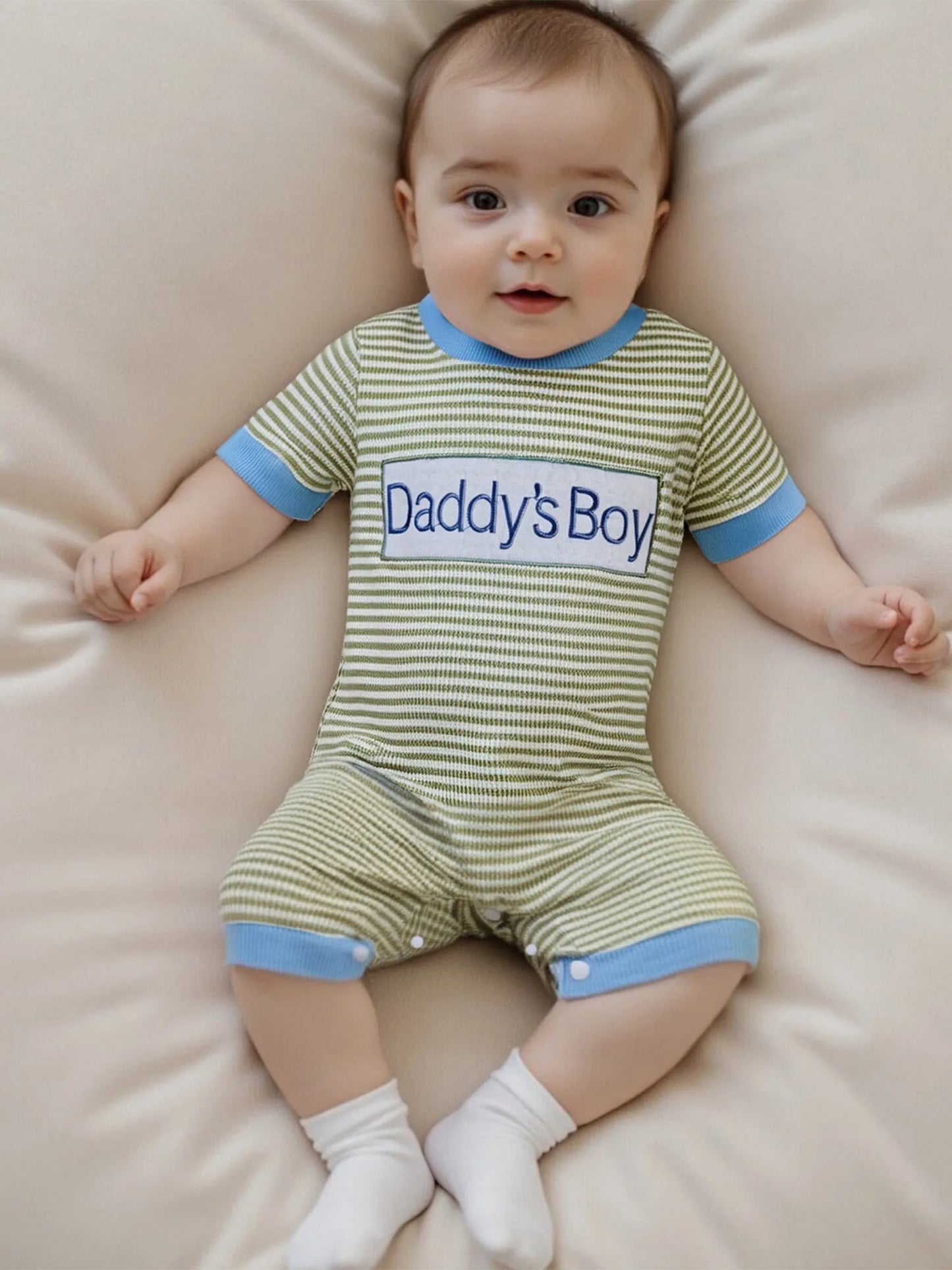 Father s Day Gift Adorable Baby Boy Romper with Letter Embroidery and Striped Design Perfect for Summer Outings and Daily Wear