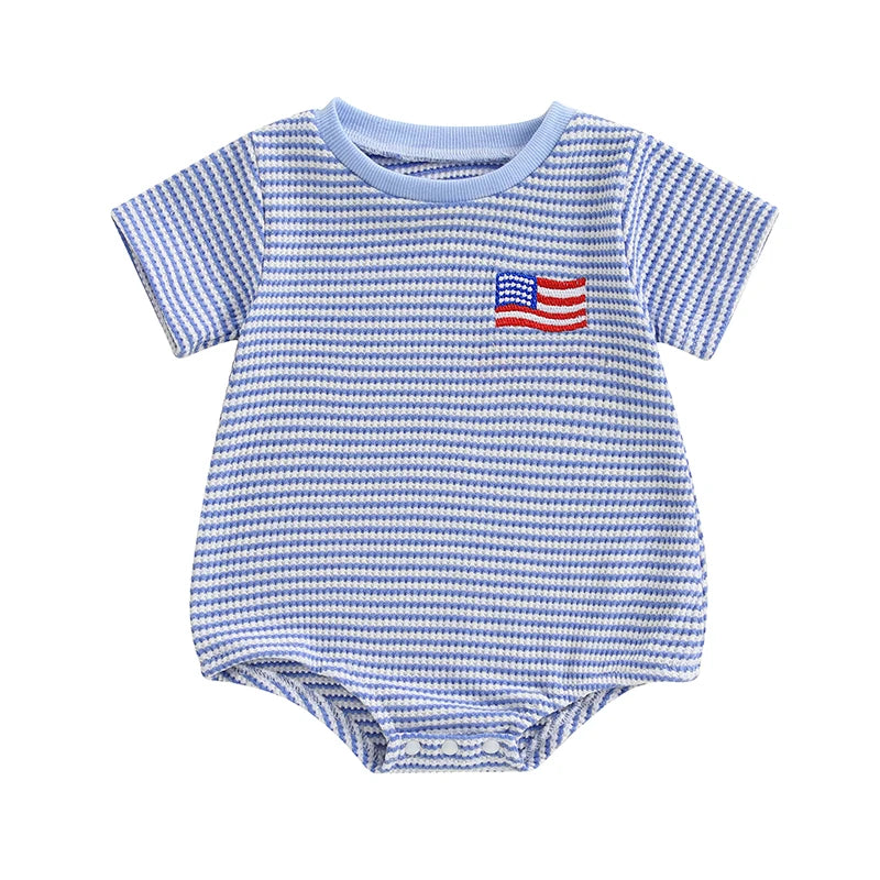 Infant Boys American Flag Romper Short Sleeve Jumpsuit with Patriotic Embroidery and Striped Print for Newborns - Adorable