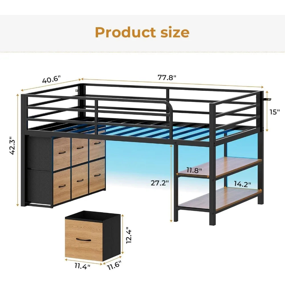 Low Loft Bed with 6 Storage Drawers, Twin Loft Bed with LED Lights