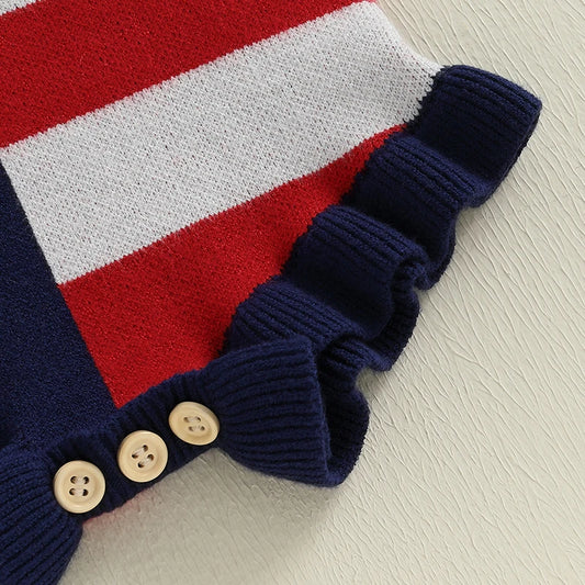 Independence Day Baby Girl Romper Red White Blue Stripe Star Print Tie Strap Square Neck Knit Jumpsuit Firework Theme Summer