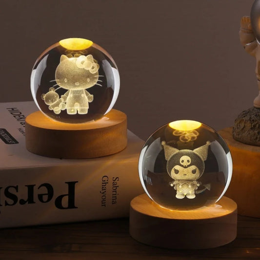 6CM 3D Crystal Ball Night Light Decoration Sanrio Kuromi Hello Kitty Children's Night Lamp Action Figure Glow Toy Birthday Gift