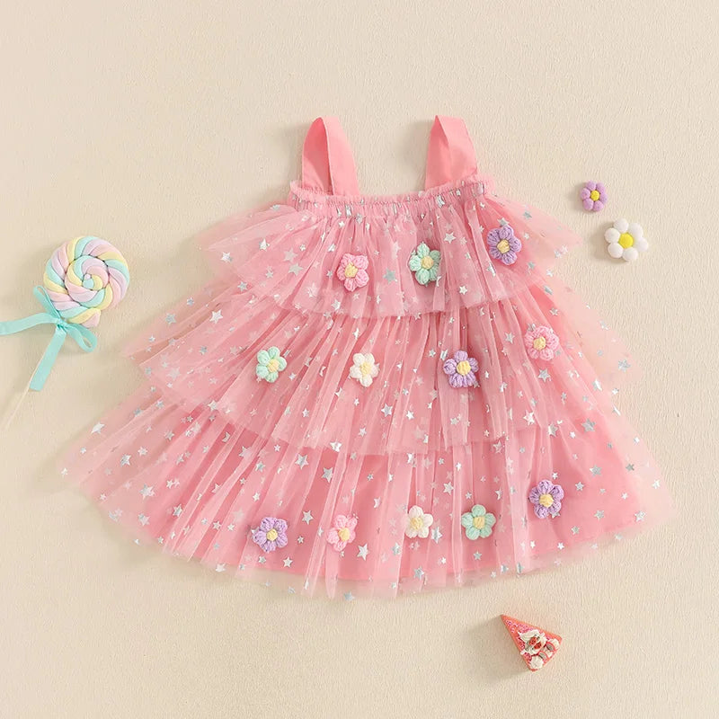 Kids Girls Dress Flower Decor Sequins Star Sleeveless Layered Casual Dress