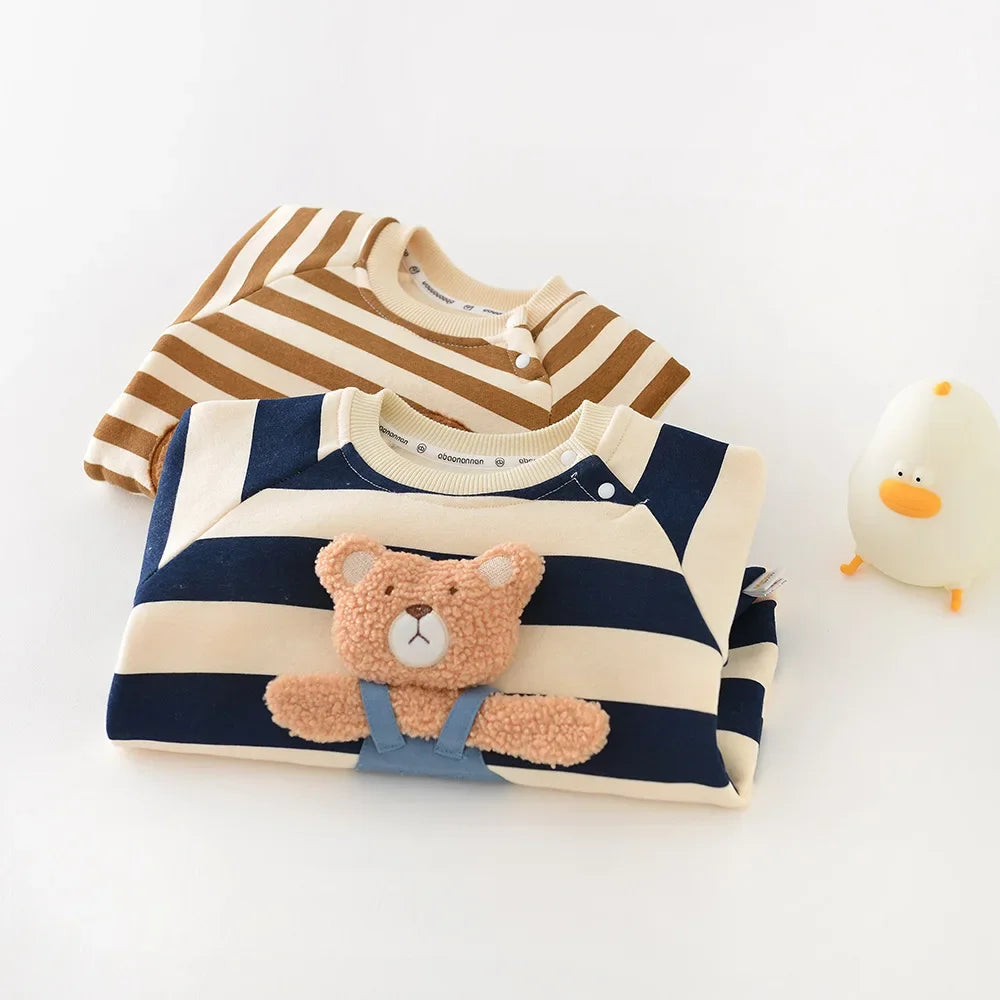 New Infant Baby Girl Striped Romper 0-2Y Boys Baby Newborn Items Cotton Thickened Jumpsuit 3D Bear Patch Autumn Winter Outfit