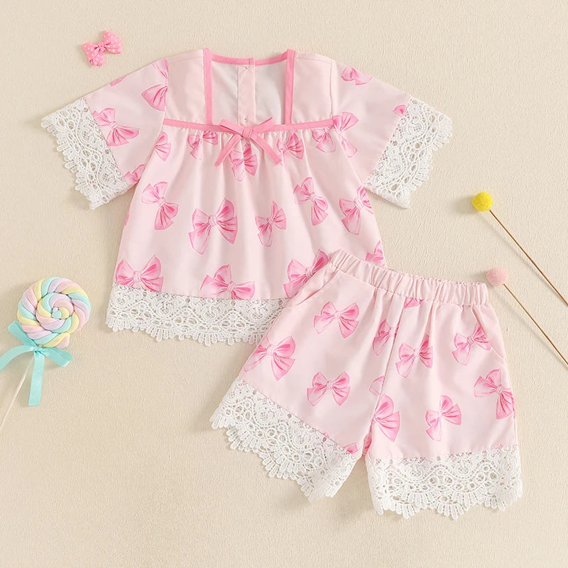 Kids Girls Shorts Set, Lace Trim Short Sleeve T-shirt with Shorts Summer Outfit