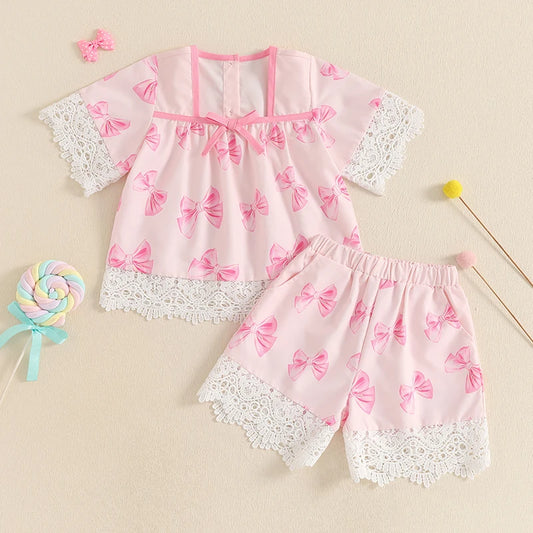 Kids Girls Shorts Set, Lace Trim Short Sleeve T-shirt with Shorts Summer Outfit