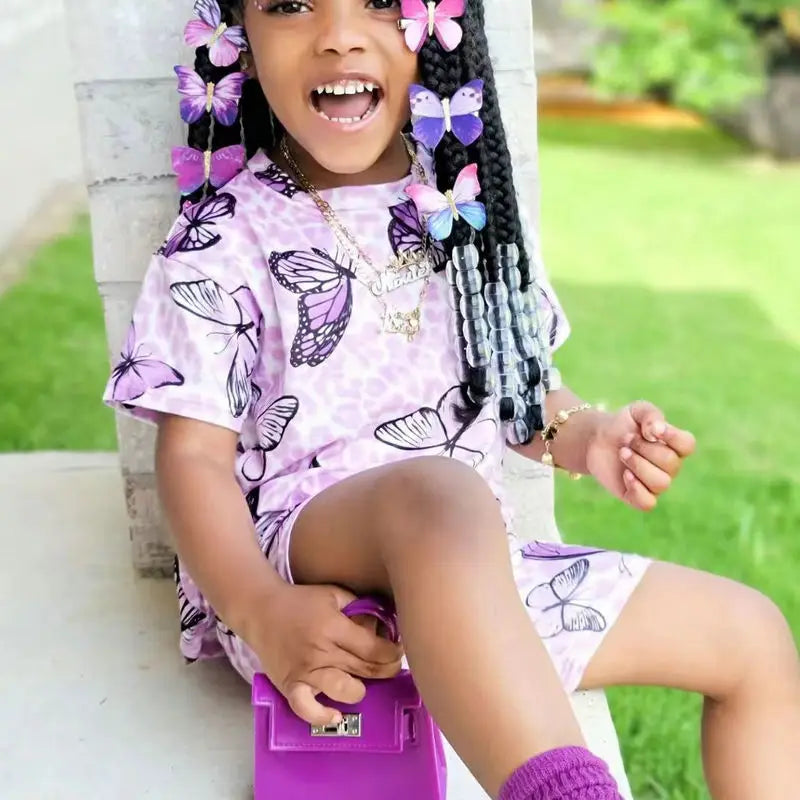 2025 Summer Two Pieces Baby Clothes Kids Girls Butterfly Clothing Sets Short Sleeve Pink T Shirt+Plaid Shorts Outfit 2 to 8Years