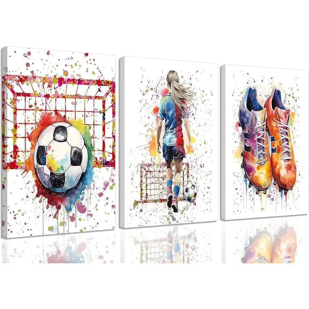 3Pcs Girl Soccer Graffiti Canvas Wall Art Colorful Sneakers Prints Sports Theme