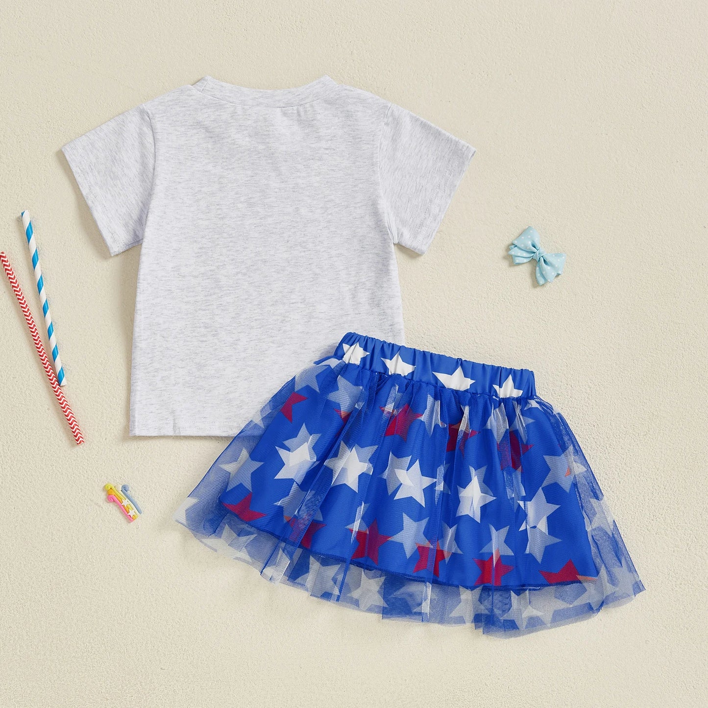 Kids Girls 4th of July Skirt Outfits Short Sleeve