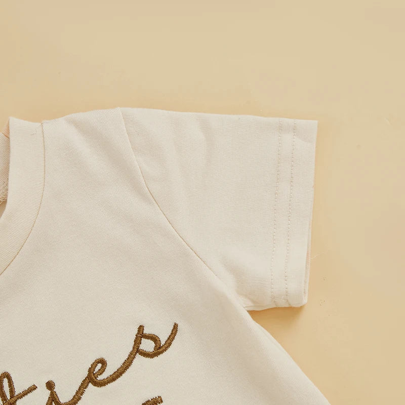 Kids Girls Summer 2 Piece Outfits Short Sleeve Letter Embroidery Tops Drawstring Plaid Shorts Sets