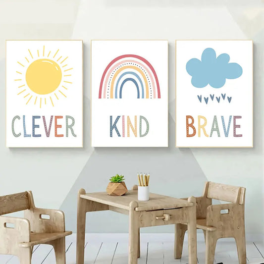 Cute Sun Rainbow Cloud Canvas Art Print Simple Educational Quotes Wall Poster Kids Room Nursery Modern Home Decor Picture