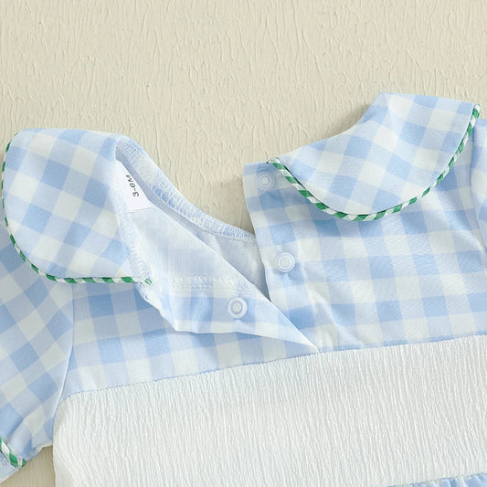 Toddler Boy Casual Romper with Cute Animal Embroidery and Short Sleeves Stylish Collar Plaid Jumpsuit for Summer Outfits