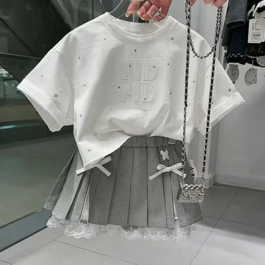 Girls' summer outfit summer new style T-shirt pleated skirt stylish two-piece set
