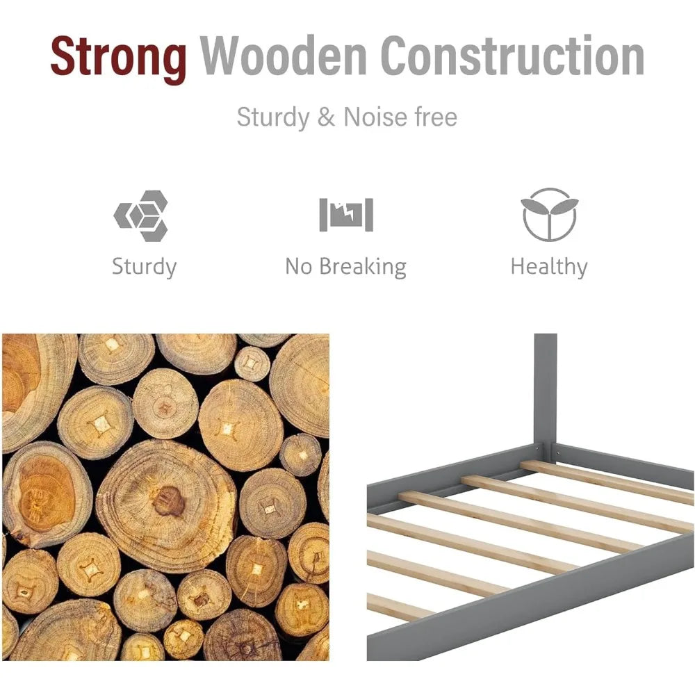 Wood House Bed, Floor Bed with Wood Slats, No Box Spring Needed