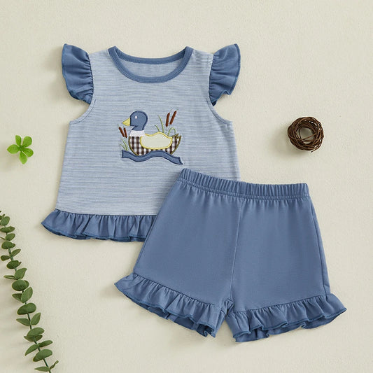 Adorable Infant Girl Outfit with Cute Bunny Applique Flutter Sleeve Top and Matching Ruffle Shorts for Summer Fun
