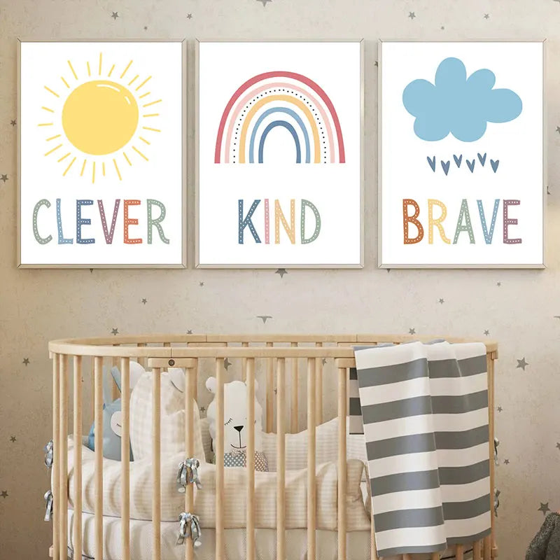 Cute Sun Rainbow Cloud Canvas Art Print Simple Educational Quotes Wall Poster Kids Room Nursery Modern Home Decor Picture