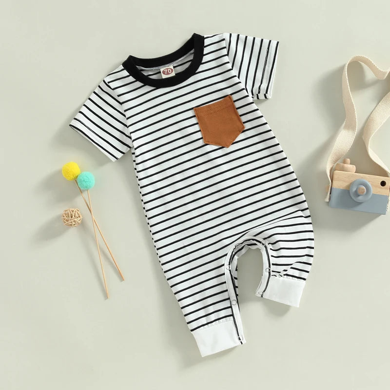 2023-02-22 Lioraitiin 0-18M Newborn Baby Boys Summer Jumpsuit Round Neck Contrast Color Short Sleeve Striped Romper