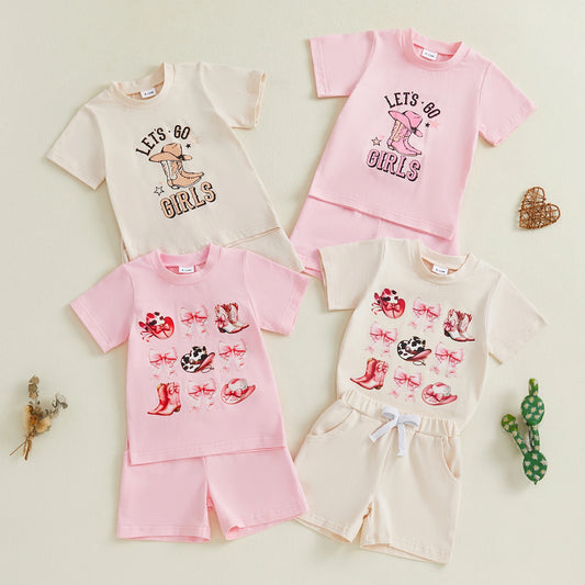 Girls Shorts Set Short Sleeve Crew Neck T-shirt with Shorts