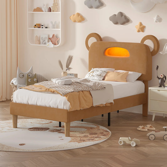 Twin Kids Upholstered Bed Frame with LED Cute Bear Ear Platform Bed