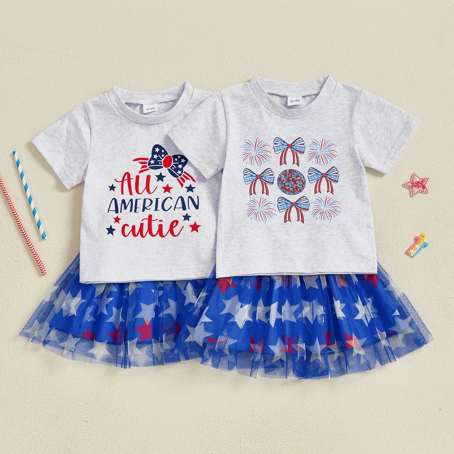 Kids Girls 4th of July Skirt Outfits Short Sleeve