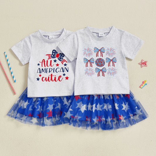 Kids Girls 4th of July Skirt Outfits Short Sleeve