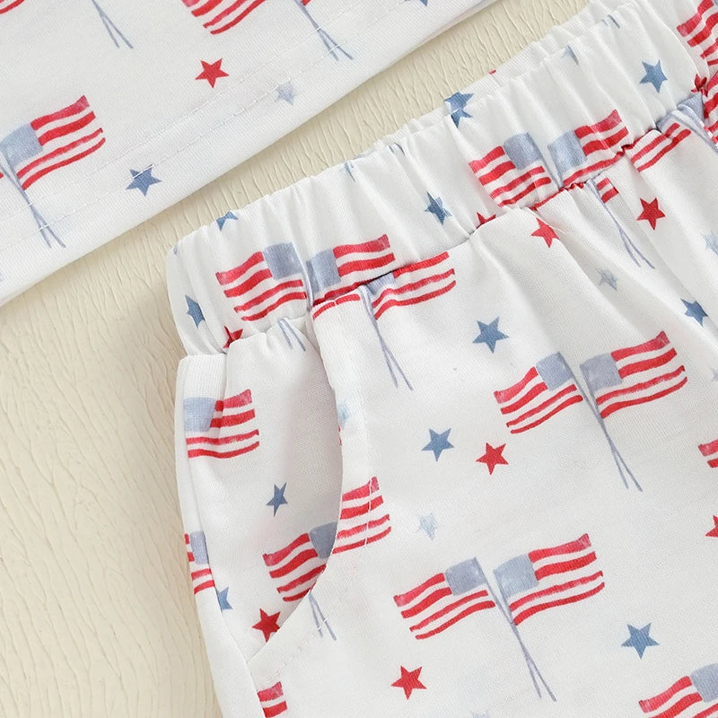 Infant Independence Day Apparel Set with Short Sleeve American Flag Print Tee and Pocket Shorts for Boys