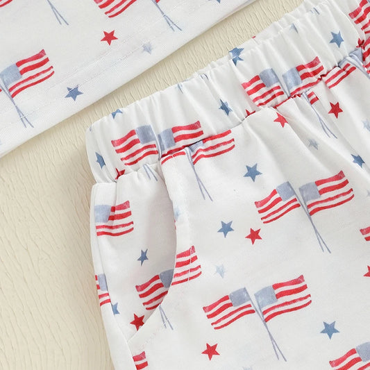 Infant Independence Day Apparel Set with Short Sleeve American Flag Print Tee and Pocket Shorts for Boys