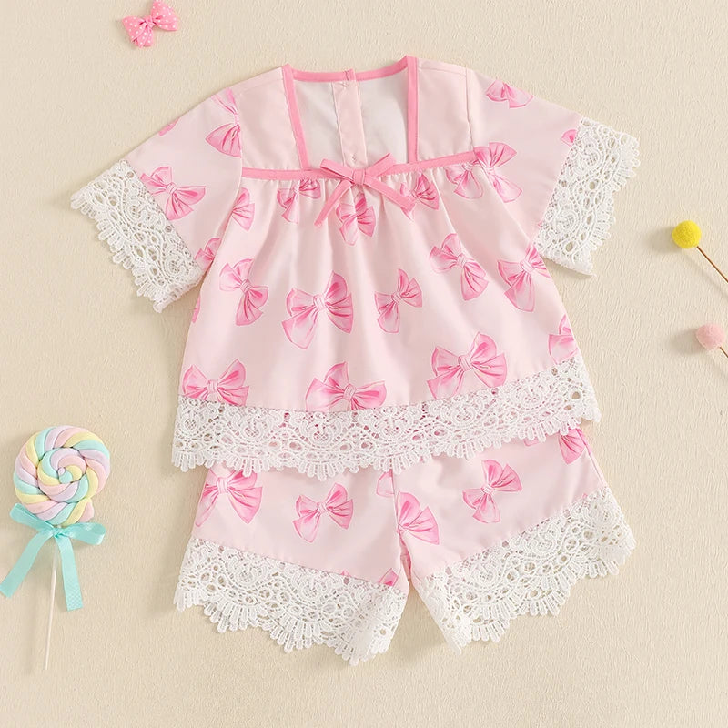 Kids Girls Shorts Set, Lace Trim Short Sleeve T-shirt with Shorts Summer Outfit