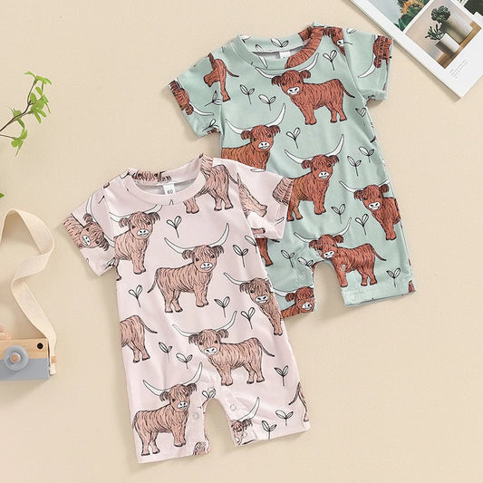 2024-03-19 Lioraitiin 0-18M Lovely Baby Boys Western Jumpsuit Short Sleeve Crew Neck Cow Head Print Summer Casual Romper