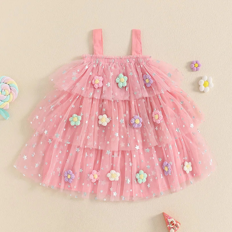 Kids Girls Dress Flower Decor Sequins Star Sleeveless Layered Casual Dress