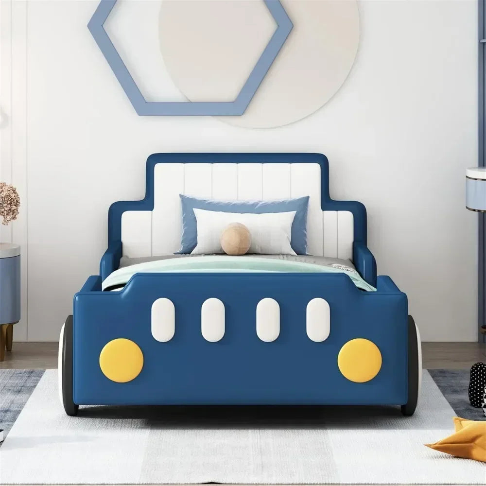 PU Leather Car Bed Frame for Boys Twin Size, Kids Bed Frame with Headboard,