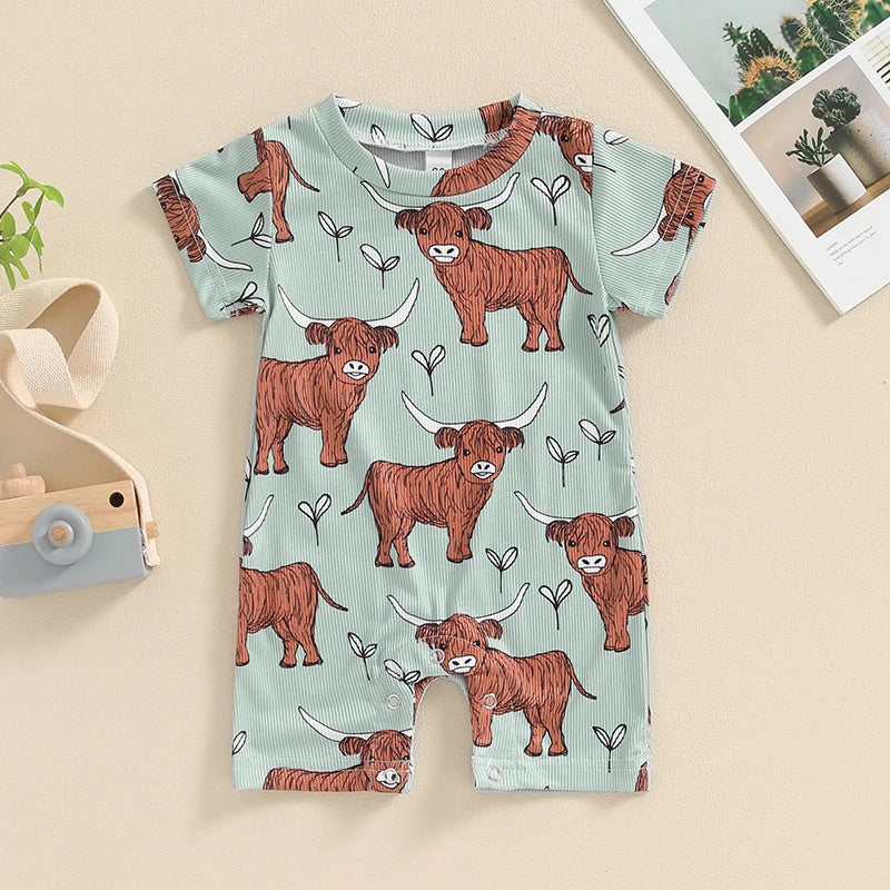 2024-03-19 Lioraitiin 0-18M Lovely Baby Boys Western Jumpsuit Short Sleeve Crew Neck Cow Head Print Summer Casual Romper