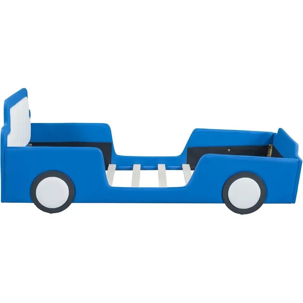 PU Leather Car Bed Frame for Boys Twin Size, Kids Bed Frame with Headboard,