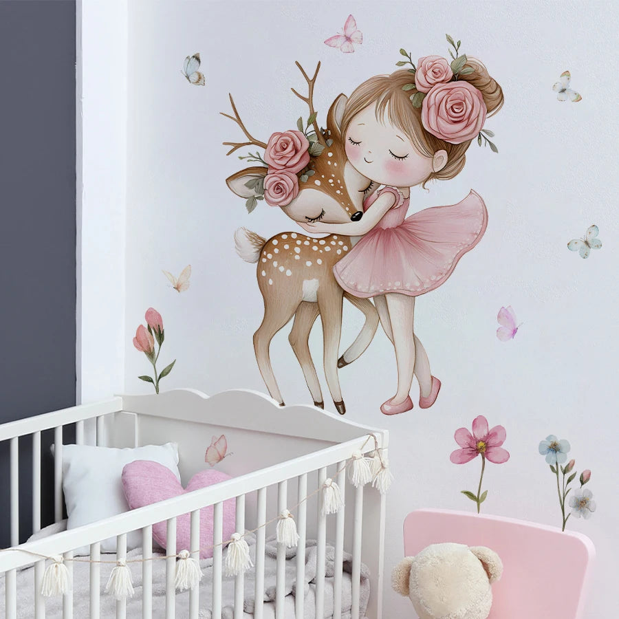 Cartoon Girl With Deer Wall Decal Woodland Animal Bedroom Decor Waterproof Peel-Stick Home Art For Playroom Wall Art Decals