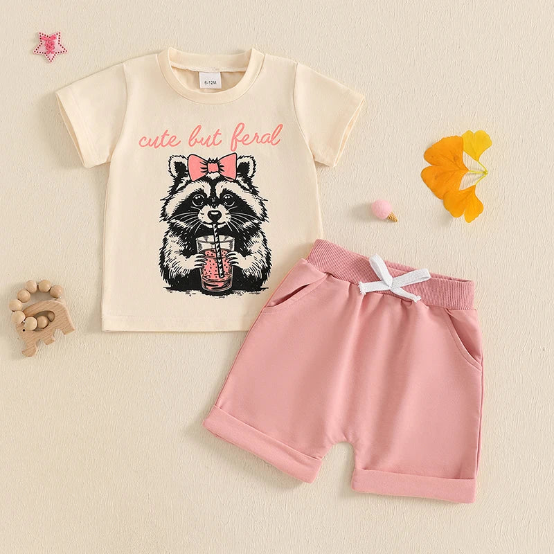 Toddler Girls Summer Outfit Raccoon Letter Print Short Sleeves