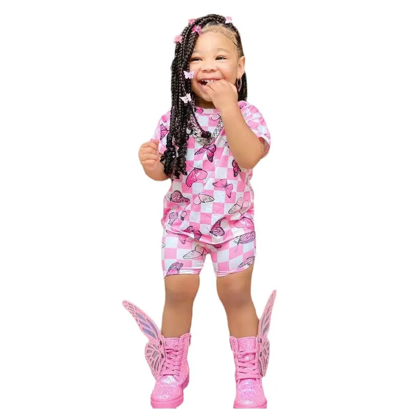 2025 Summer Two Pieces Baby Clothes Kids Girls Butterfly Clothing Sets Short Sleeve Pink T Shirt+Plaid Shorts Outfit 2 to 8Years