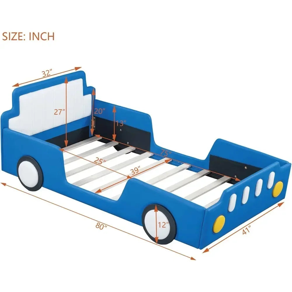 PU Leather Car Bed Frame for Boys Twin Size, Kids Bed Frame with Headboard,
