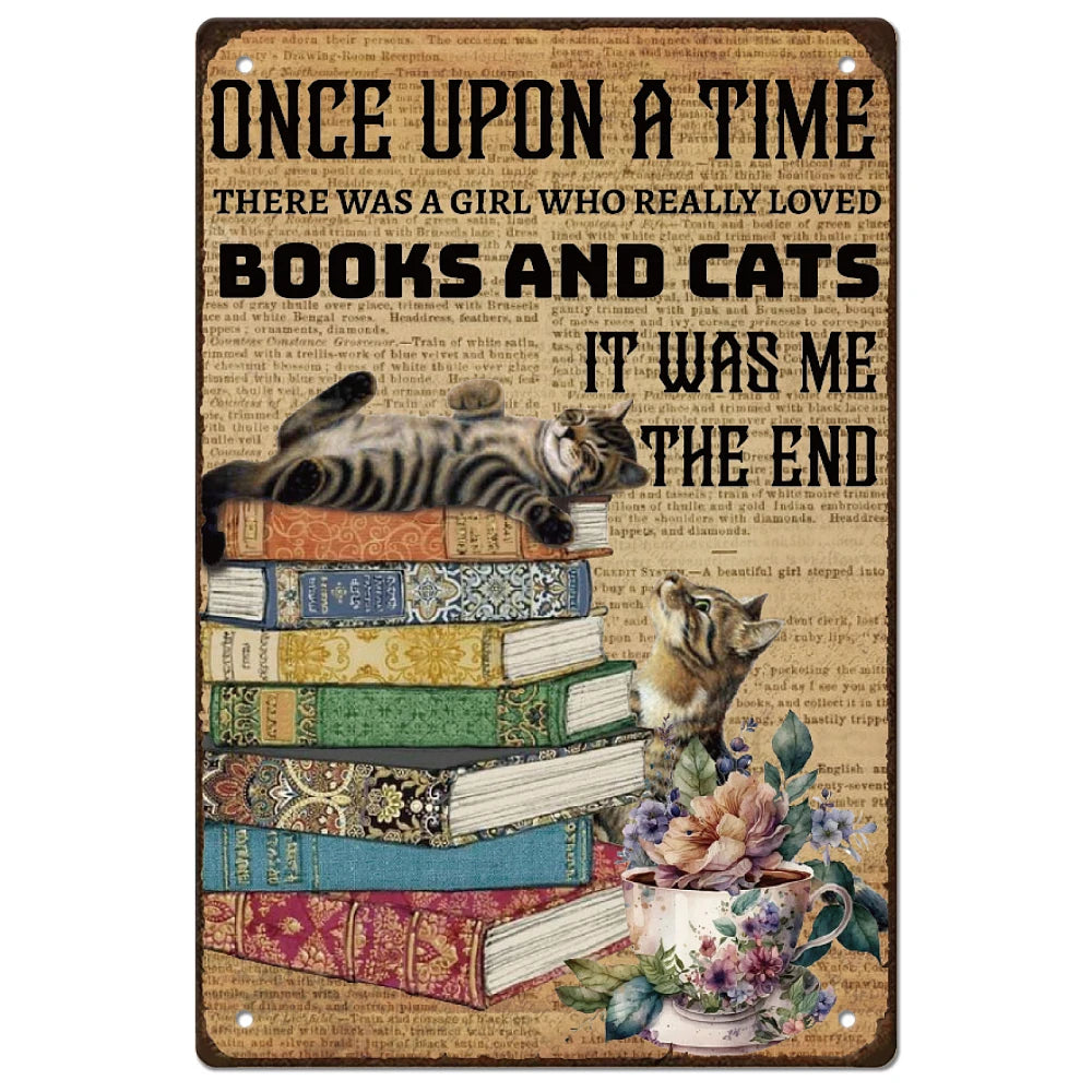 SUPERDNAT Cat Books Metal Tin Sign Vintage Girl's Room Bedroom Tin Painting Retro Plaque Wall Art Poster Old Fashion Aluminum