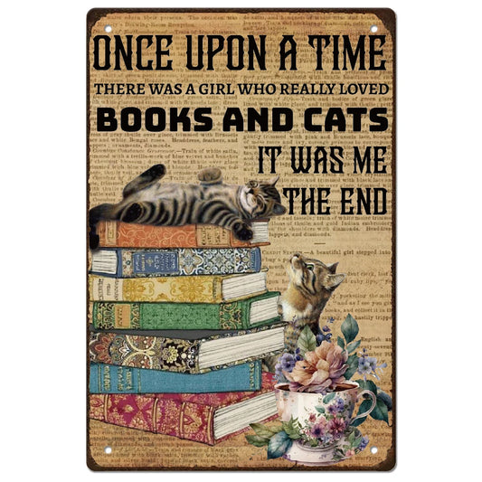 SUPERDNAT Cat Books Metal Tin Sign Vintage Girl's Room Bedroom Tin Painting Retro Plaque Wall Art Poster Old Fashion Aluminum