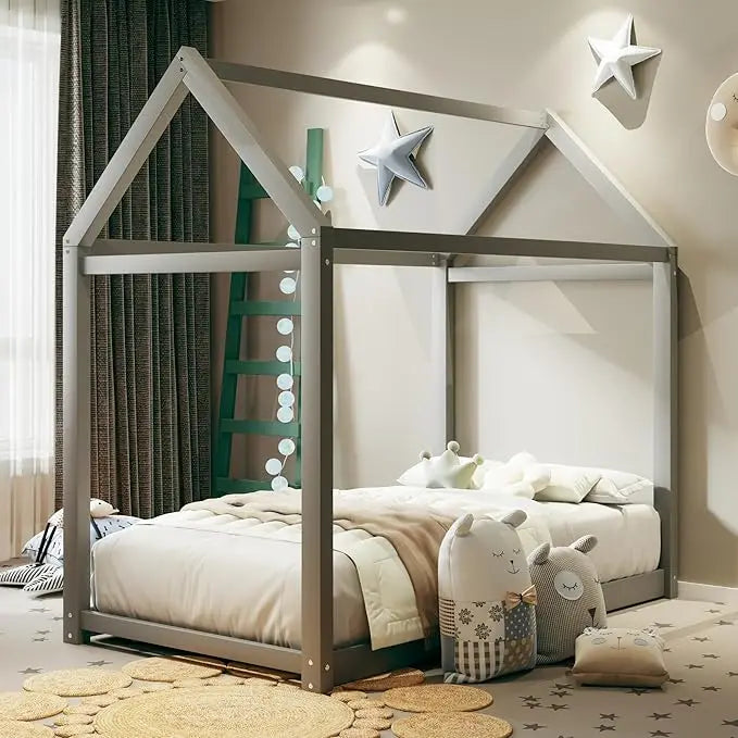 Wood House Bed, Floor Bed with Wood Slats, No Box Spring Needed