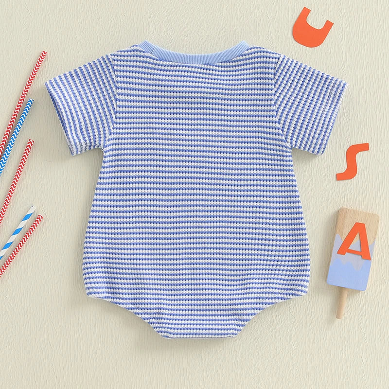Infant Boys American Flag Romper Short Sleeve Jumpsuit with Patriotic Embroidery and Striped Print for Newborns - Adorable