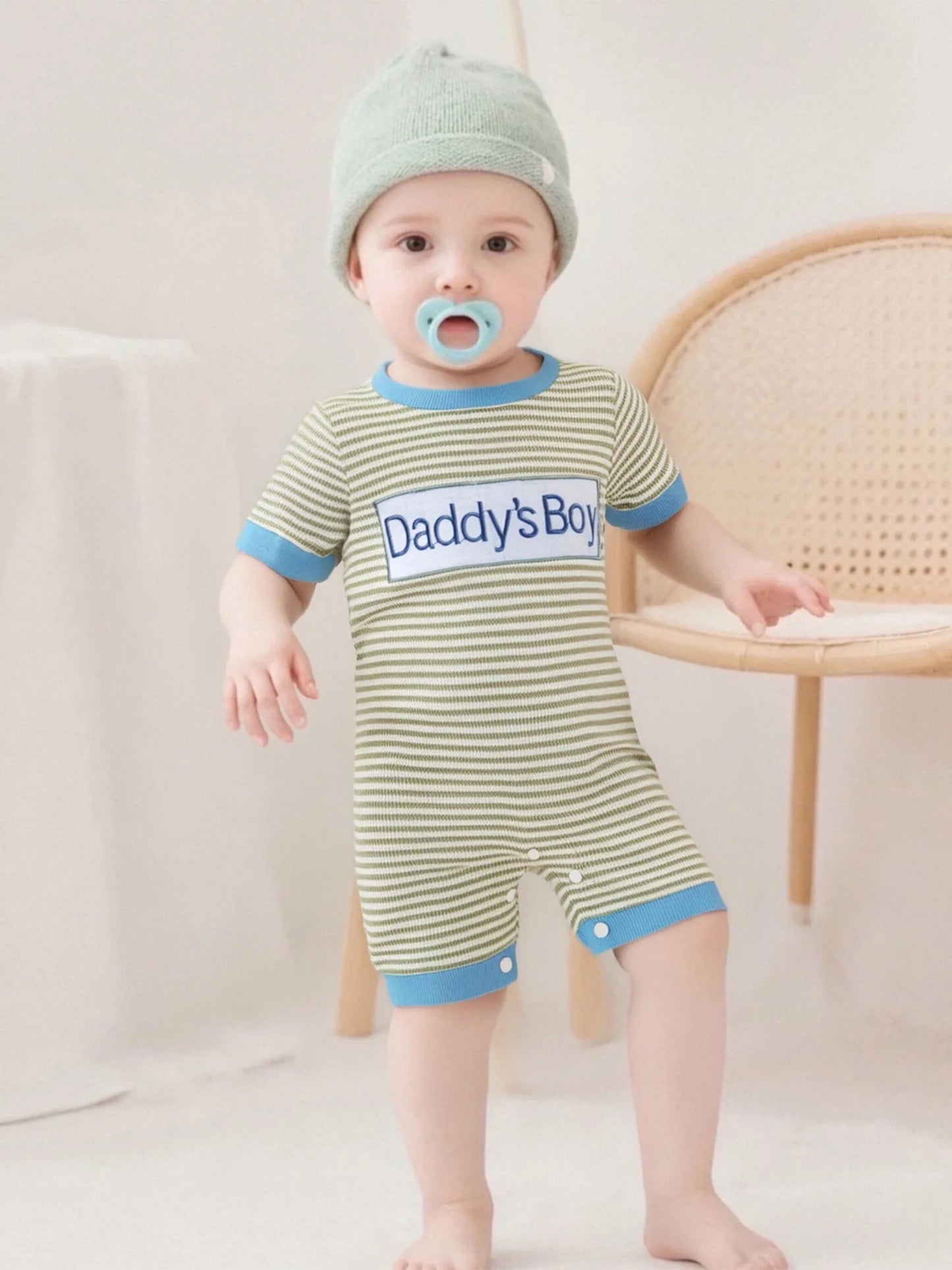 Father s Day Gift Adorable Baby Boy Romper with Letter Embroidery and Striped Design Perfect for Summer Outings and Daily Wear