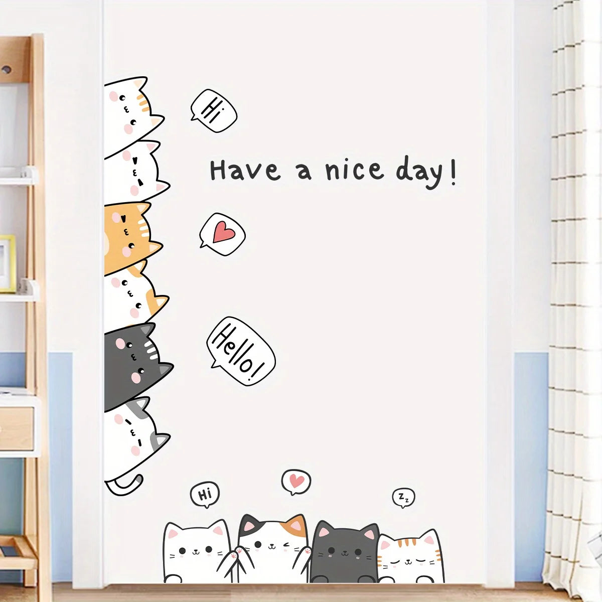 Cartoon Cute 10 Cats and English“have A Nice Day”animal Wall Stickers for Kids Room Living Room Door Decoration Wall Decals