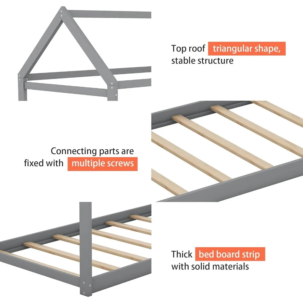 Wood House Bed, Floor Bed with Wood Slats, No Box Spring Needed
