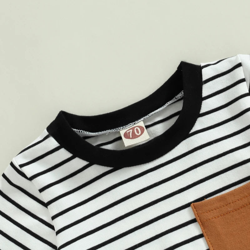 2023-02-22 Lioraitiin 0-18M Newborn Baby Boys Summer Jumpsuit Round Neck Contrast Color Short Sleeve Striped Romper