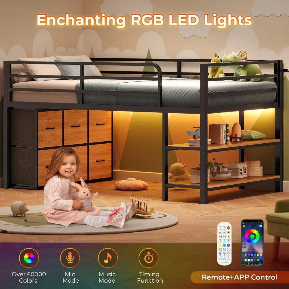 Low Loft Bed with 6 Storage Drawers, Twin Loft Bed with LED Lights