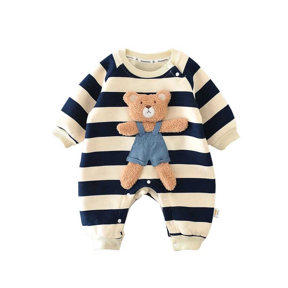 New Infant Baby Girl Striped Romper 0-2Y Boys Baby Newborn Items Cotton Thickened Jumpsuit 3D Bear Patch Autumn Winter Outfit