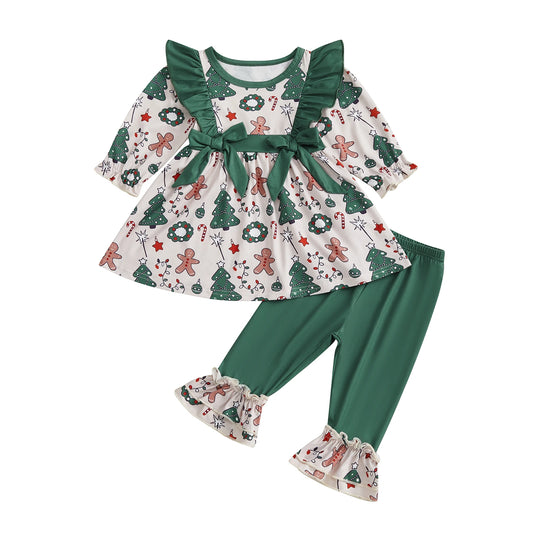 Kid Girls Christmas Outfit, Long Sleeve Tree Print