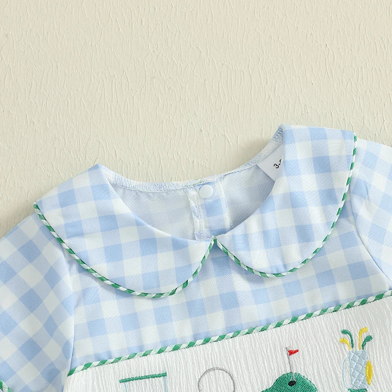 Toddler Boy Casual Romper with Cute Animal Embroidery and Short Sleeves Stylish Collar Plaid Jumpsuit for Summer Outfits